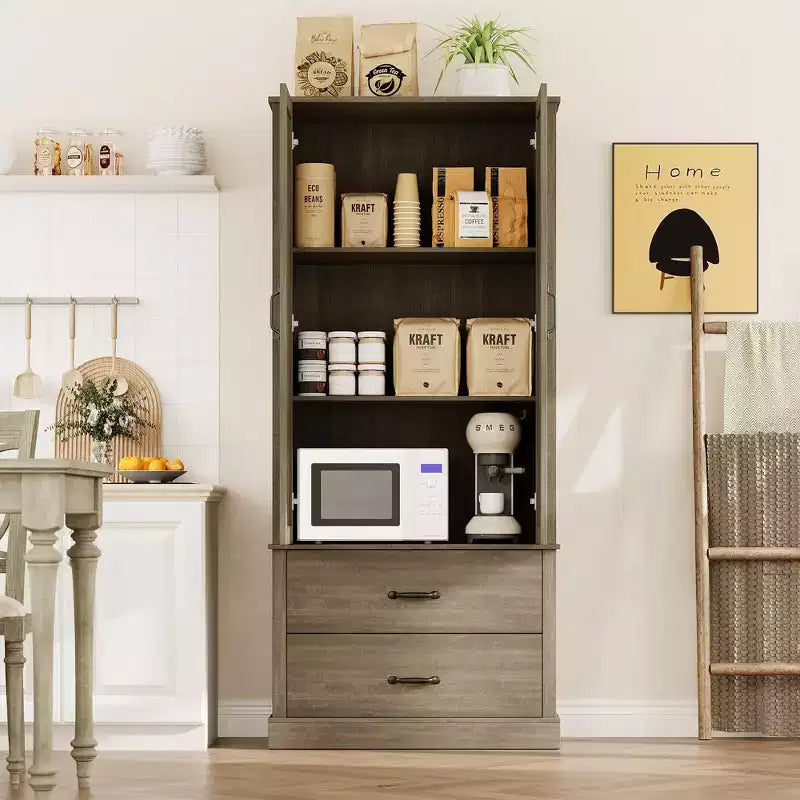 Meuble de garde-manger de cuisine avec 2 tiroirs, armoire de rangement haute de style rustique, meuble de rangement alimentaire en bois