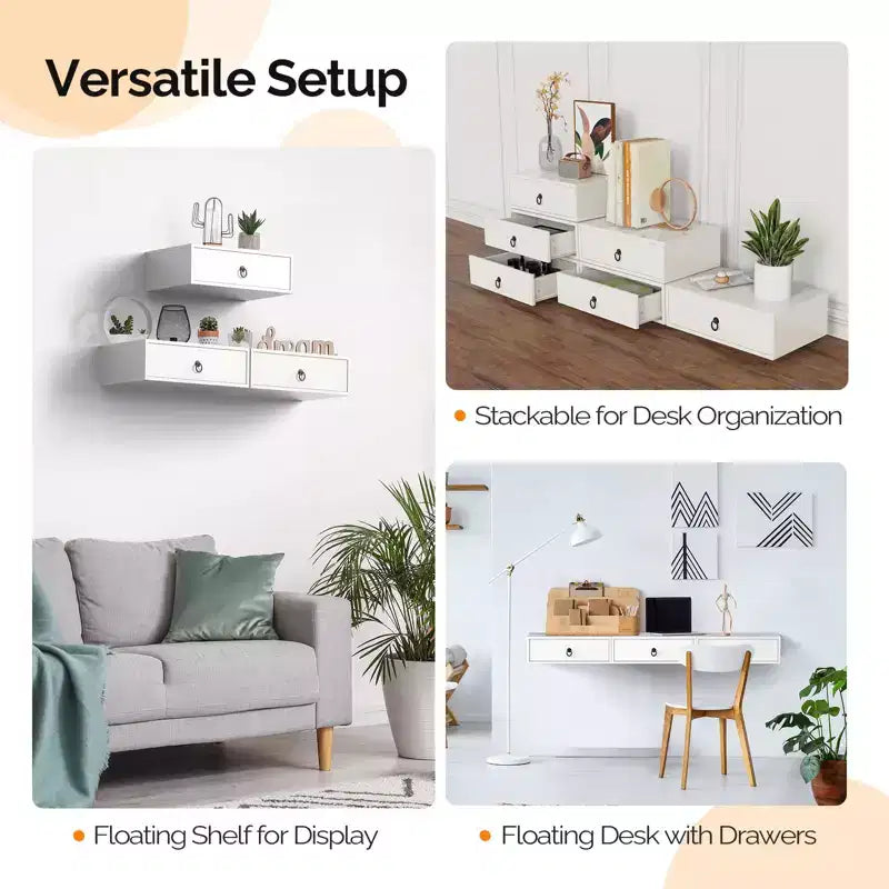 VINGLI Table de Chevet Murale Flottante avec Tiroir, Lot de 2, Table de Chevet Suspendue Blanche pour Chambre à Coucher