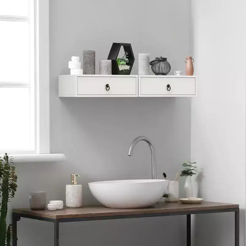 VINGLI Table de Chevet Murale Flottante avec Tiroir, Lot de 2, Table de Chevet Suspendue Blanche pour Chambre à Coucher