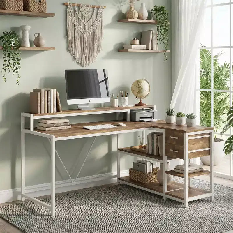 MAYEERTY Bureau d'angle en L avec support d'écran, tiroirs et étagères de rangement