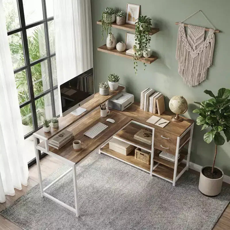 MAYEERTY Bureau d'angle en L avec support d'écran, tiroirs et étagères de rangement