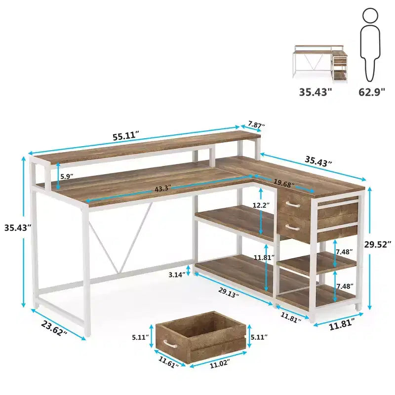 MAYEERTY Bureau d'angle en L avec support d'écran, tiroirs et étagères de rangement