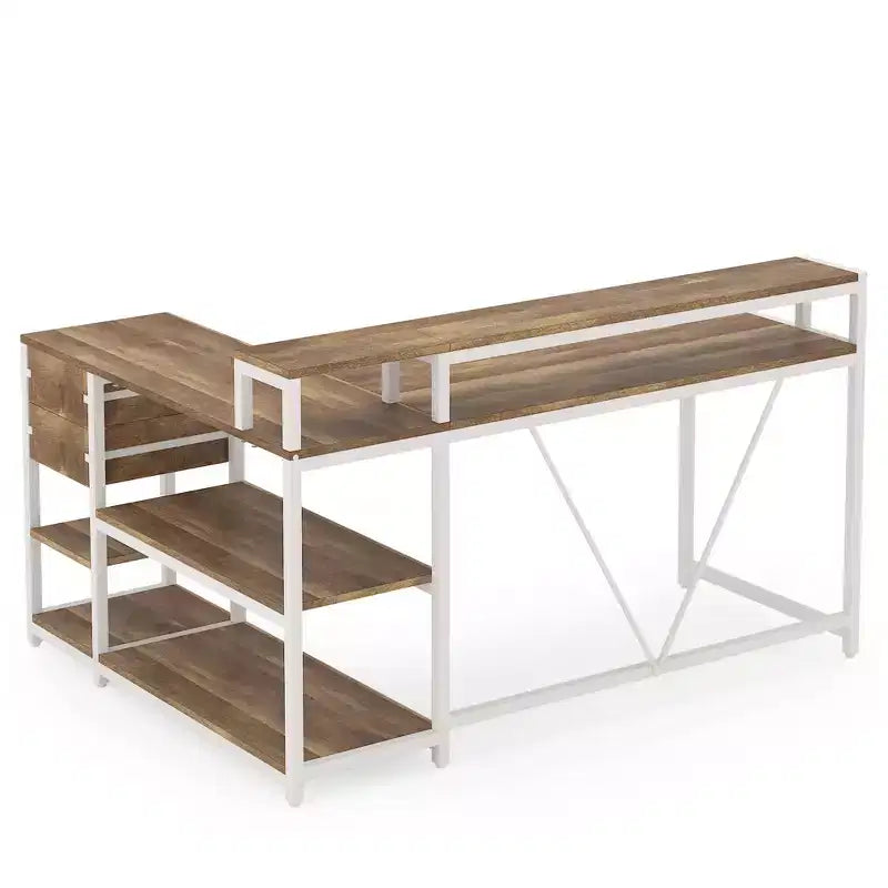 MAYEERTY Bureau d'angle en L avec support d'écran, tiroirs et étagères de rangement
