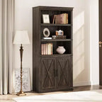 GustoWave Étagère à Livres à 5 Niveaux, Bibliothèque de Style Ferme avec Armoire, Bibliothèque Haute de 174,5 cm avec Portes de Rangement, Étagère à Livres en Bois à 5 Niveaux pour Bureau à Domicile