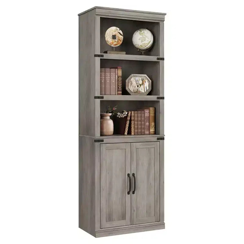 GustoWave Étagère à Livres à 5 Niveaux, Bibliothèque de Style Ferme avec Armoire, Bibliothèque Haute de 174,5 cm avec Portes de Rangement, Étagère à Livres en Bois à 5 Niveaux pour Bureau à Domicile