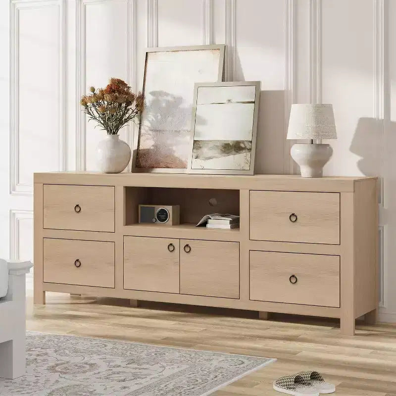 Meuble TV de ferme GustoWave pour téléviseurs de 75/80 pouces, meuble de rangement long de 70 pouces avec 6 tiroirs de rangement et étagère pour barre de son