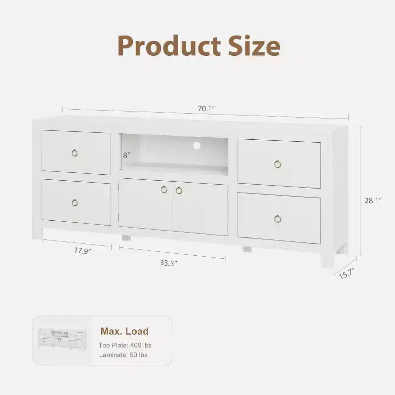 Meuble TV de ferme GustoWave pour téléviseurs de 75/80 pouces, meuble de rangement long de 70 pouces avec 6 tiroirs de rangement et étagère pour barre de son