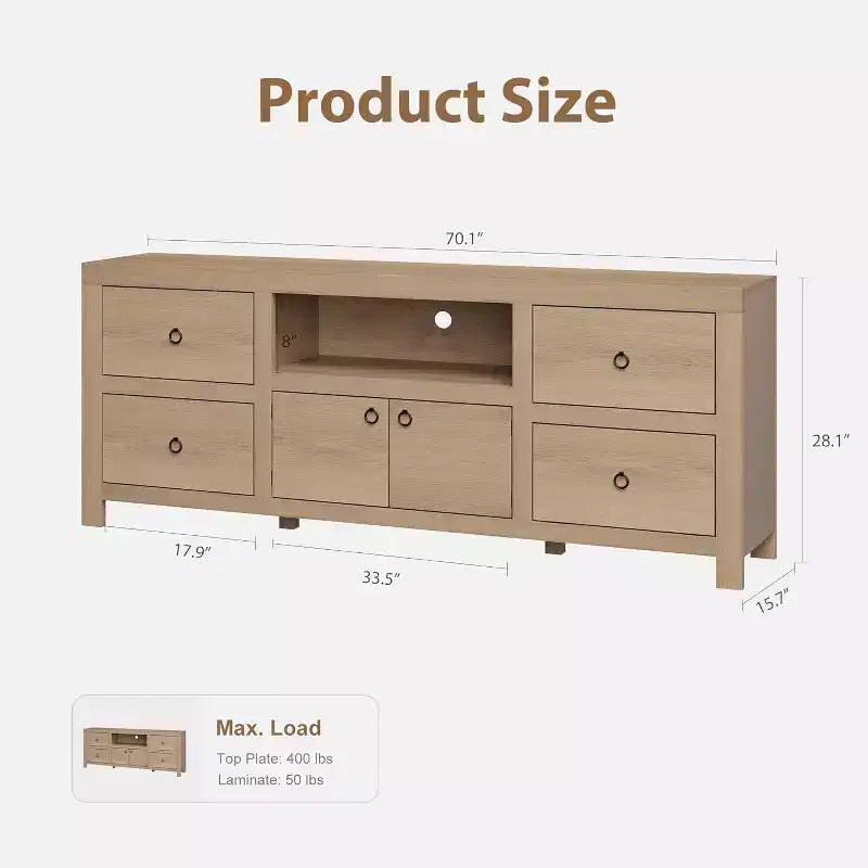 Meuble TV de ferme GustoWave pour téléviseurs de 75/80 pouces, meuble de rangement long de 70 pouces avec 6 tiroirs de rangement et étagère pour barre de son
