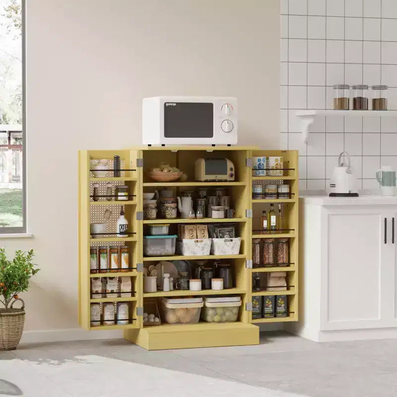 VINGLI Meuble de garde-manger, meuble de rangement de cuisine en rotin avec 2 portes et étagères réglables, placard autoportant de 102,9 cm de hauteur pour la salle à manger