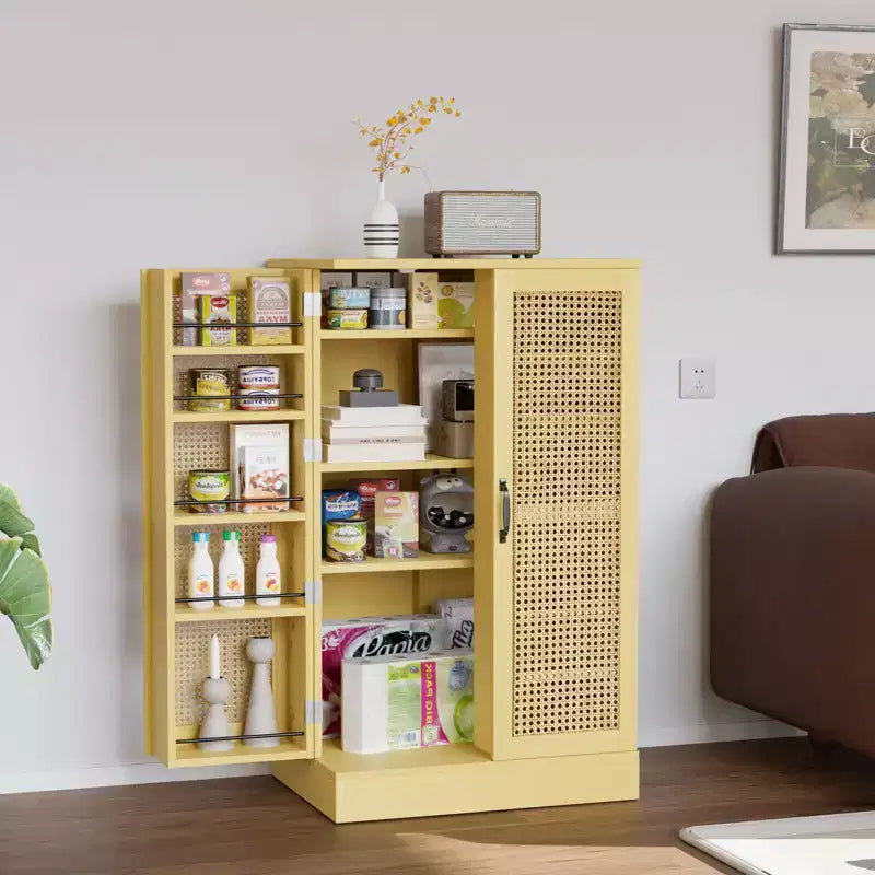 VINGLI Meuble de garde-manger, meuble de rangement de cuisine en rotin avec 2 portes et étagères réglables, placard autoportant de 102,9 cm de hauteur pour la salle à manger