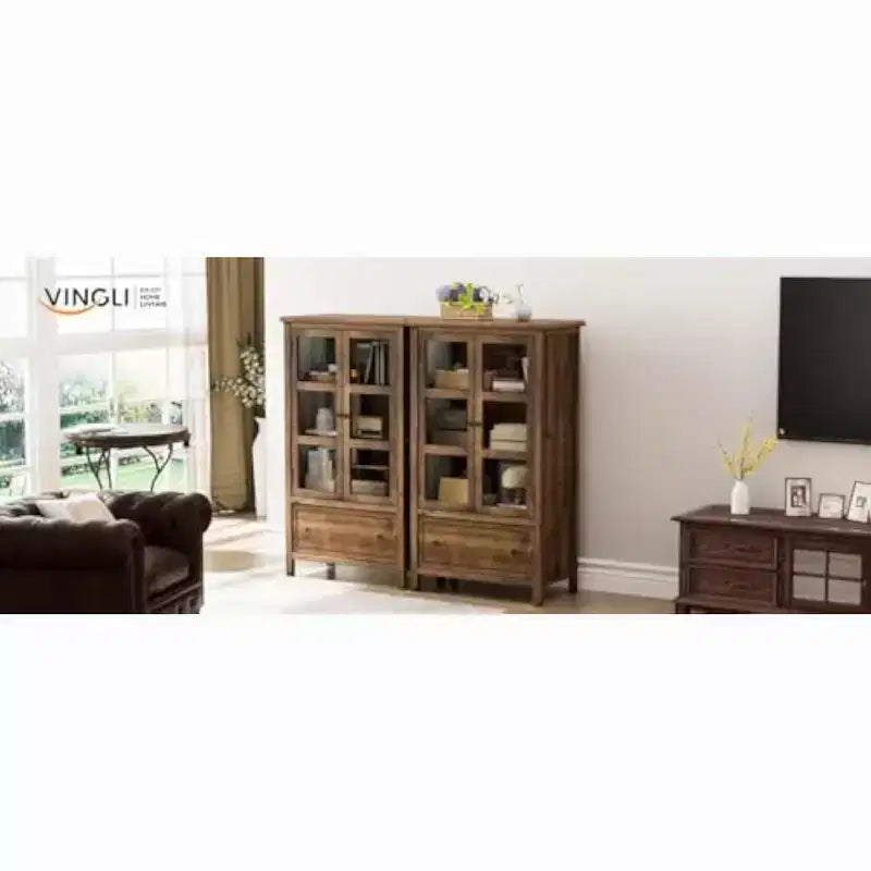 Meuble de rangement rustique VINGLI avec portes vitrées et tiroir, pieds en bois massif, vitrine finition noyer