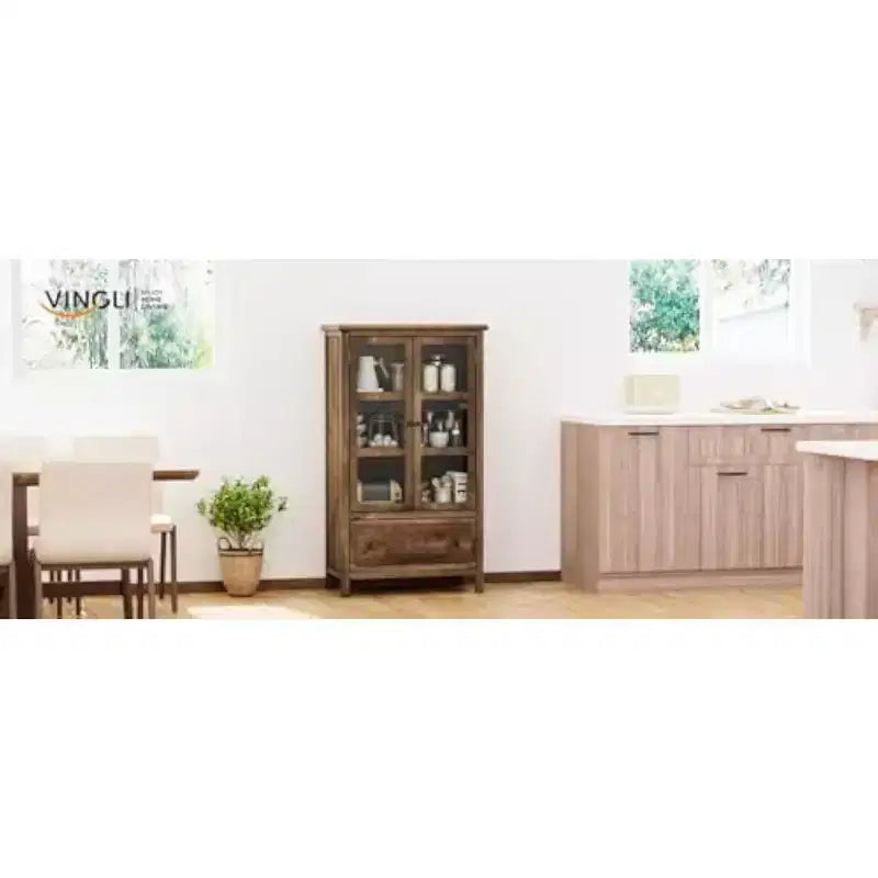 Meuble de rangement rustique VINGLI avec portes vitrées et tiroir, pieds en bois massif, vitrine finition noyer