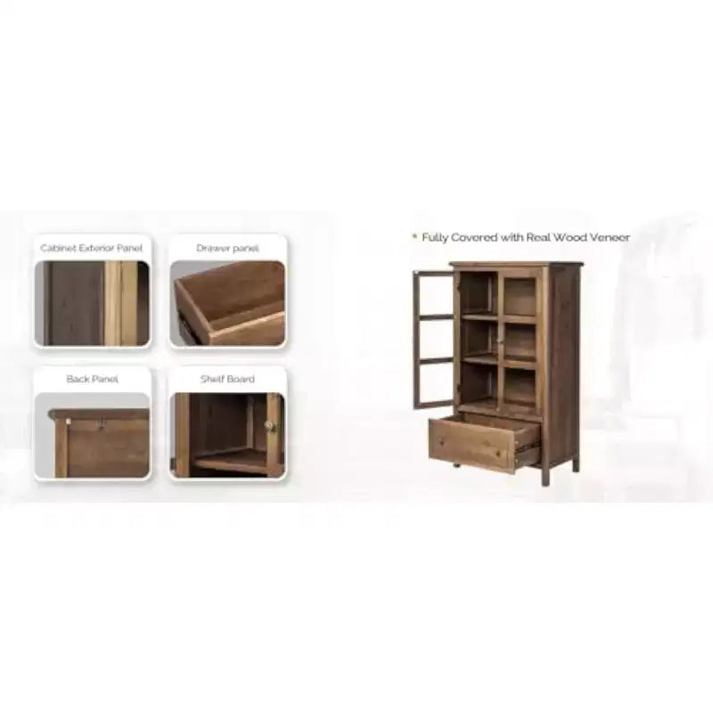 Meuble de rangement rustique VINGLI avec portes vitrées et tiroir, pieds en bois massif, vitrine finition noyer