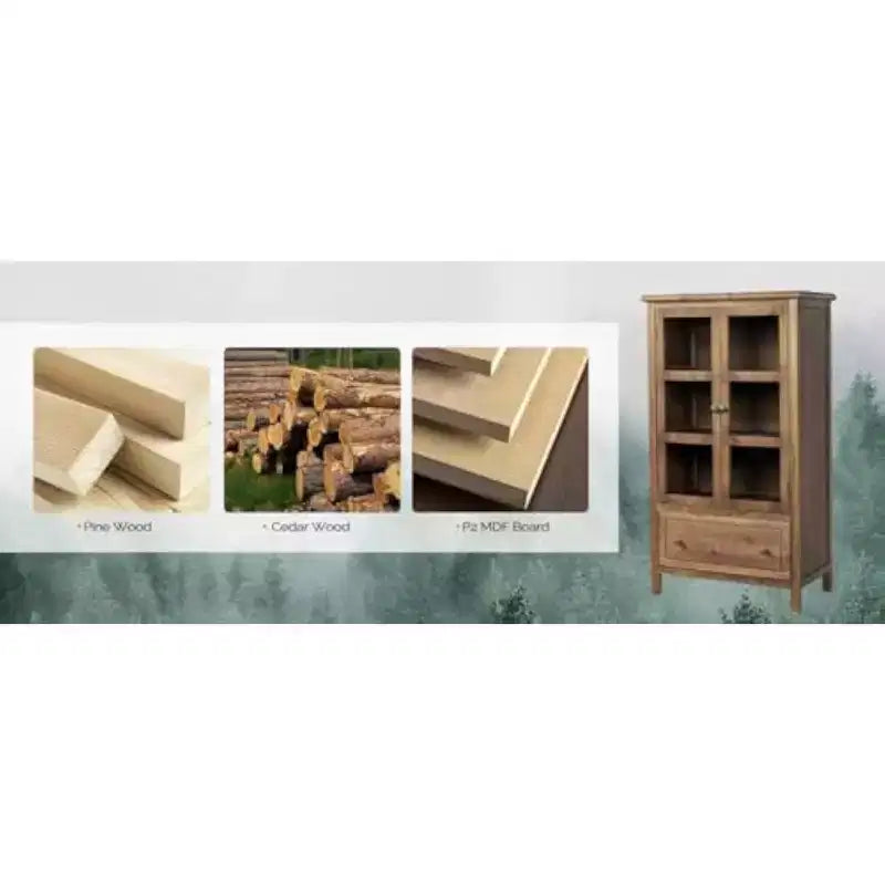 Meuble de rangement rustique VINGLI avec portes vitrées et tiroir, pieds en bois massif, vitrine finition noyer