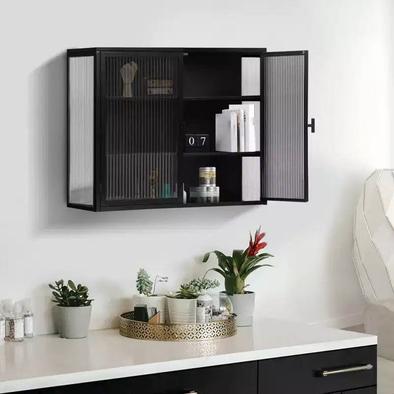 Meuble Haut de Salle de Bain avec Double Porte en Verre, Meuble Mural Moderne Polyvalent pour Cuisine - Rangement Ustensiles de Cuisine & Épices - Boîtes de Conserve, pour Salon