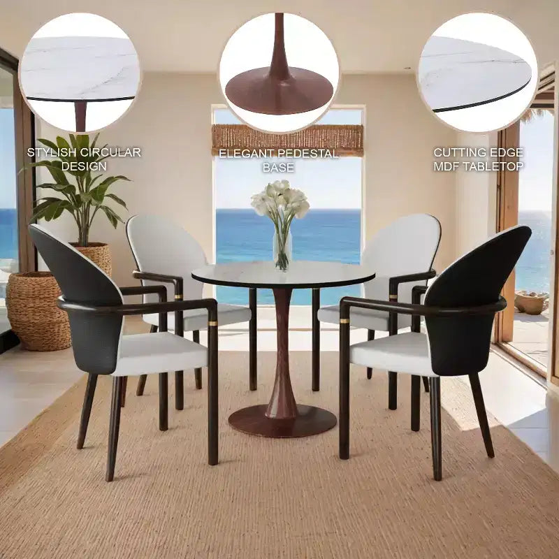 Table à manger ronde LeisureMod Bristol, plateau en MDF avec base piédestal en acier et bois de noyer, table d'appoint moderne pour cuisine et salle à manger, idéale pour les petits espaces