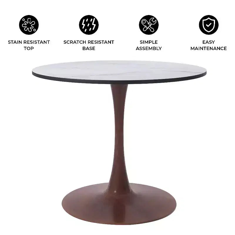 Table à manger ronde LeisureMod Bristol, plateau en MDF avec base piédestal en acier et bois de noyer, table d'appoint moderne pour cuisine et salle à manger, idéale pour les petits espaces
