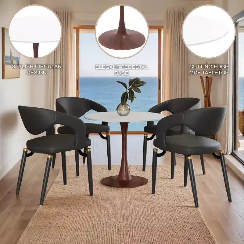 Table à manger ronde LeisureMod Bristol, plateau en MDF avec base piédestal en acier et bois de noyer, table d'appoint moderne pour cuisine et salle à manger, idéale pour les petits espaces