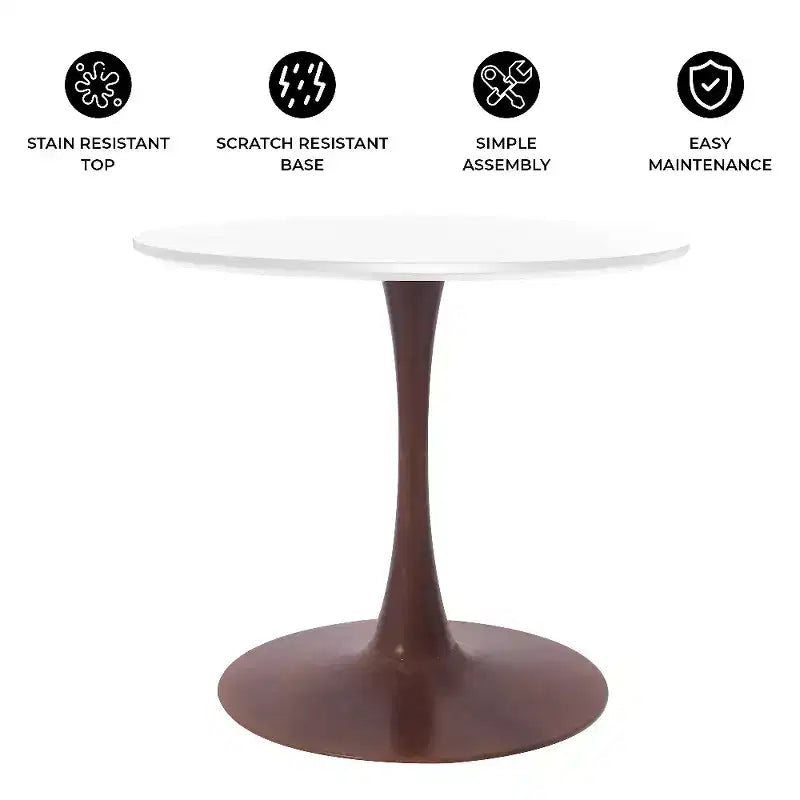 Table à manger ronde LeisureMod Bristol, plateau en MDF avec base piédestal en acier et bois de noyer, table d'appoint moderne pour cuisine et salle à manger, idéale pour les petits espaces