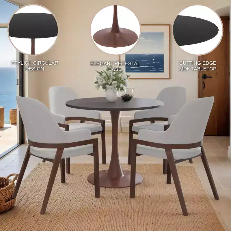 Table à manger ronde LeisureMod Bristol, plateau en MDF avec base piédestal en acier et bois de noyer, table d'appoint moderne pour cuisine et salle à manger, idéale pour les petits espaces