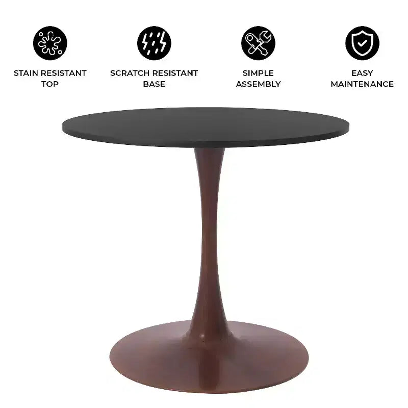 Table à manger ronde LeisureMod Bristol, plateau en MDF avec base piédestal en acier et bois de noyer, table d'appoint moderne pour cuisine et salle à manger, idéale pour les petits espaces