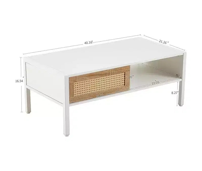 Table Basse CuisinSmart - Table d'Appoint Rectangulaire de Style Mid-Century avec Panneau Coulissant, Étagère de Rangement Ouverte et Pieds en Métal, Idéale pour le Salon