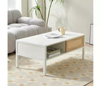 Table Basse CuisinSmart - Table d'Appoint Rectangulaire de Style Mid-Century avec Panneau Coulissant, Étagère de Rangement Ouverte et Pieds en Métal, Idéale pour le Salon