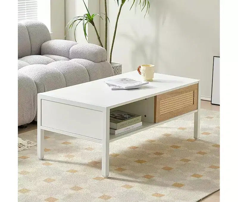 Table Basse CuisinSmart - Table d'Appoint Rectangulaire de Style Mid-Century avec Panneau Coulissant, Étagère de Rangement Ouverte et Pieds en Métal, Idéale pour le Salon