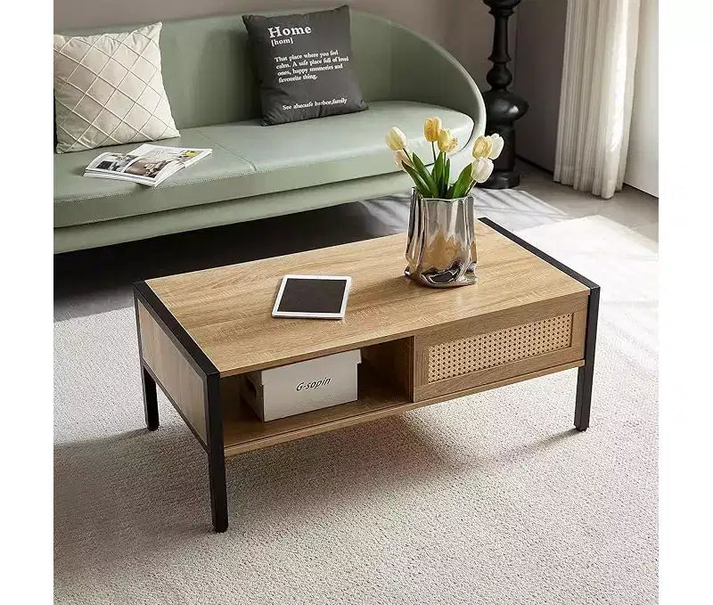 Table Basse CuisinSmart - Table d'Appoint Rectangulaire de Style Mid-Century avec Panneau Coulissant, Étagère de Rangement Ouverte et Pieds en Métal, Idéale pour le Salon