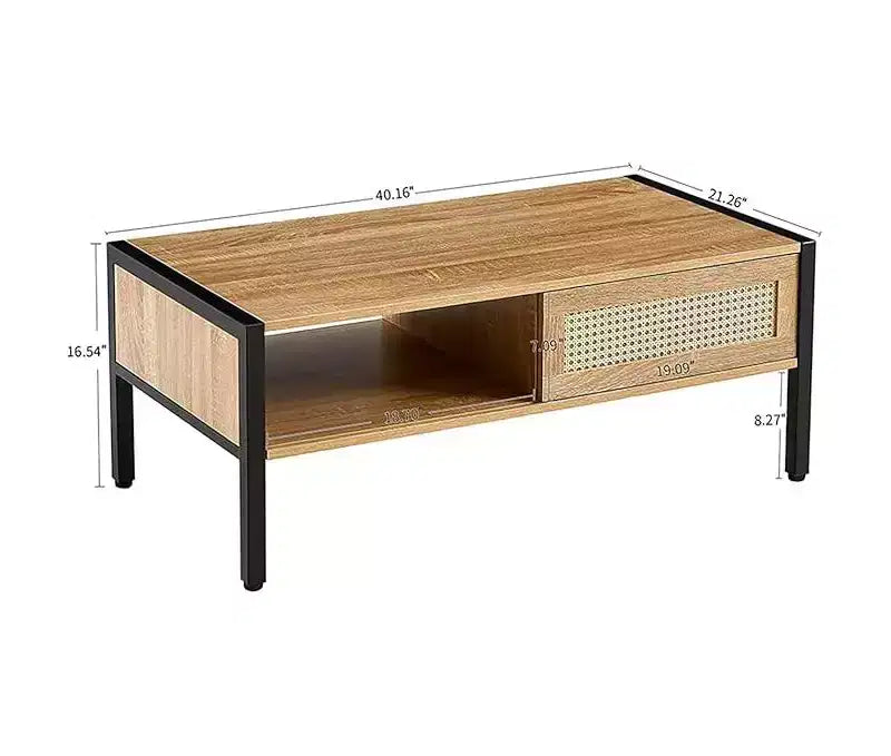 Table Basse CuisinSmart - Table d'Appoint Rectangulaire de Style Mid-Century avec Panneau Coulissant, Étagère de Rangement Ouverte et Pieds en Métal, Idéale pour le Salon