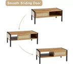 Table Basse CuisinSmart - Table d'Appoint Rectangulaire de Style Mid-Century avec Panneau Coulissant, Étagère de Rangement Ouverte et Pieds en Métal, Idéale pour le Salon