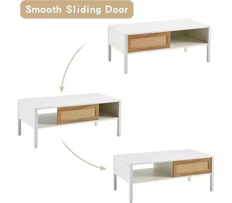 Table Basse CuisinSmart - Table d'Appoint Rectangulaire de Style Mid-Century avec Panneau Coulissant, Étagère de Rangement Ouverte et Pieds en Métal, Idéale pour le Salon