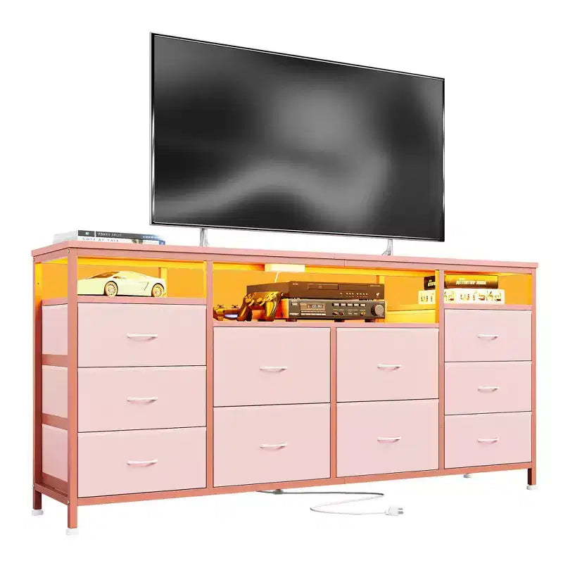 Commode à 10 tiroirs pour téléviseurs 75 pouces, commode large de 63 pouces de large, commode de rangement multifonctionnelle pour placard, couloir, salon, rose