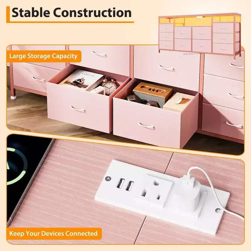 Commode à 10 tiroirs pour téléviseurs 75 pouces, commode large de 63 pouces de large, commode de rangement multifonctionnelle pour placard, couloir, salon, rose