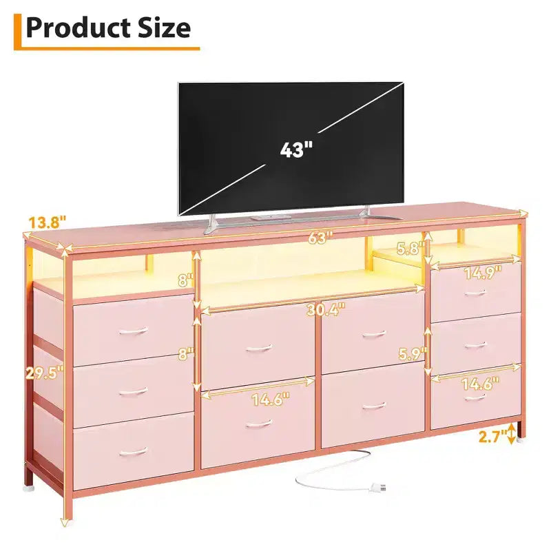Commode à 10 tiroirs pour téléviseurs 75 pouces, commode large de 63 pouces de large, commode de rangement multifonctionnelle pour placard, couloir, salon, rose