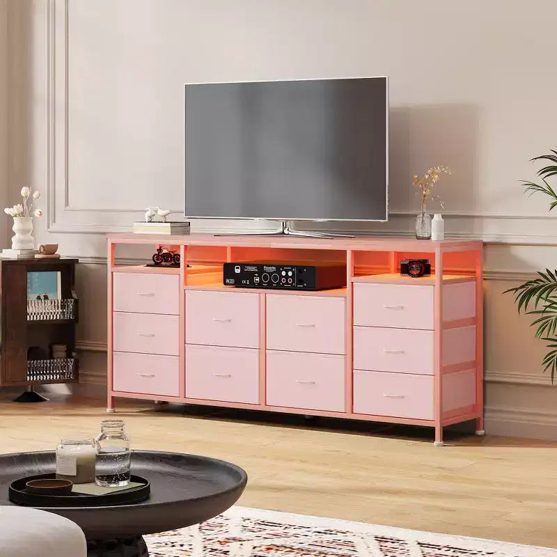 Commode à 10 tiroirs pour téléviseurs 75 pouces, commode large de 63 pouces de large, commode de rangement multifonctionnelle pour placard, couloir, salon, rose