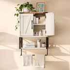 Armoire murale de salle de bain VINGLI avec barre porte-serviettes de style rustique, petite armoire à pharmacie mignonne à placer au-dessus des toilettes avec barre porte-serviettes, blanc rustique et marron