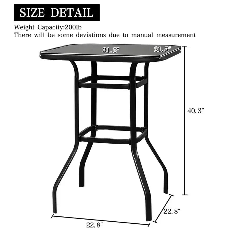 Table haute de bar commerciale - Table de patio carrée en fer de 80 cm avec plateau en verre trempé de 5 mm (noir) pour usage extérieur/intérieur