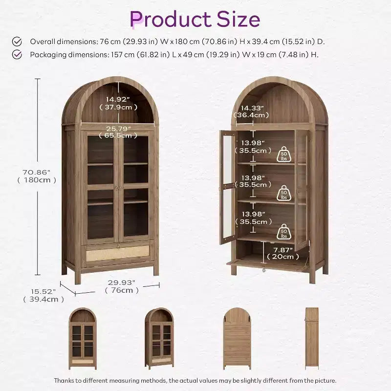 TYBOATLE 71 Armoire de Rangement Haute avec Porte Vitrée, Tiroir et Kit Anti-Basculement - Meuble Polyvalent pour Cuisine ou Salle à Manger