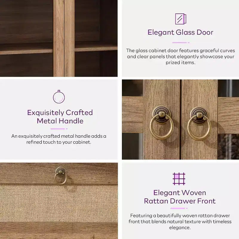 TYBOATLE 71 Armoire de Rangement Haute avec Porte Vitrée, Tiroir et Kit Anti-Basculement - Meuble Polyvalent pour Cuisine ou Salle à Manger
