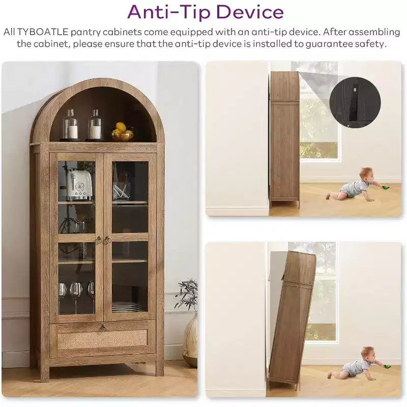 TYBOATLE 71 Armoire de Rangement Haute avec Porte Vitrée, Tiroir et Kit Anti-Basculement - Meuble Polyvalent pour Cuisine ou Salle à Manger