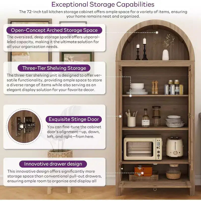TYBOATLE 71 Armoire de Rangement Haute avec Porte Vitrée, Tiroir et Kit Anti-Basculement - Meuble Polyvalent pour Cuisine ou Salle à Manger