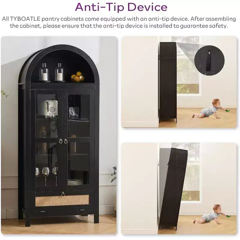 TYBOATLE 71 Armoire de Rangement Haute avec Porte Vitrée, Tiroir et Kit Anti-Basculement - Meuble Polyvalent pour Cuisine ou Salle à Manger