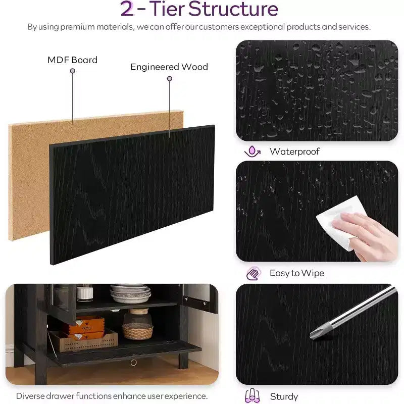TYBOATLE 71 Armoire de Rangement Haute avec Porte Vitrée, Tiroir et Kit Anti-Basculement - Meuble Polyvalent pour Cuisine ou Salle à Manger
