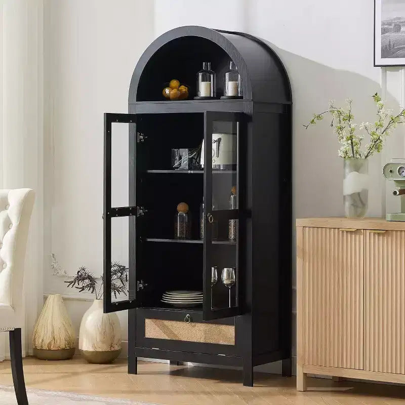 TYBOATLE 71 Armoire de Rangement Haute avec Porte Vitrée, Tiroir et Kit Anti-Basculement - Meuble Polyvalent pour Cuisine ou Salle à Manger