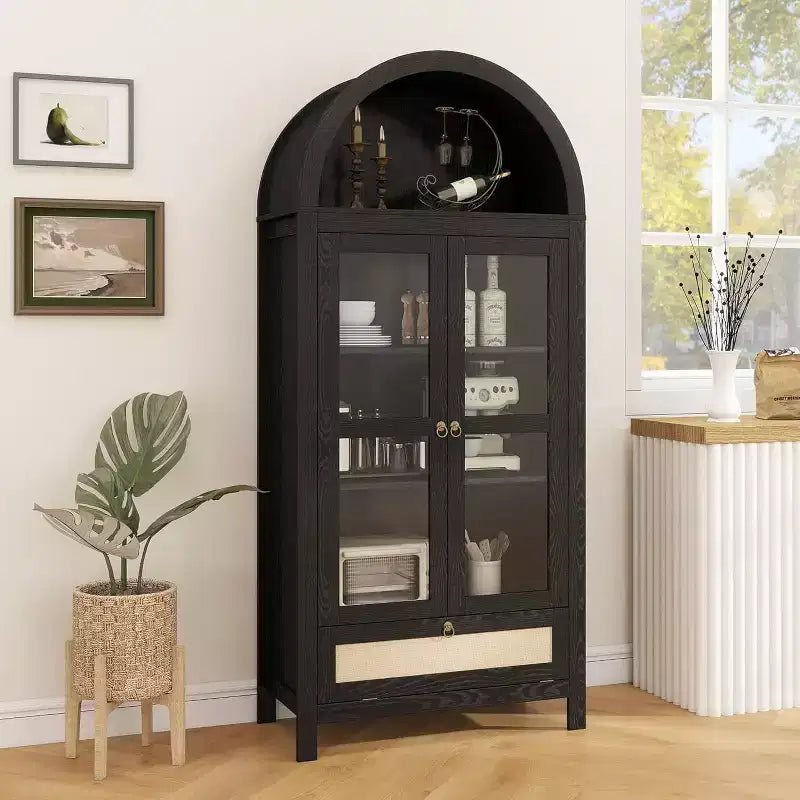 TYBOATLE 71 Armoire de Rangement Haute avec Porte Vitrée, Tiroir et Kit Anti-Basculement - Meuble Polyvalent pour Cuisine ou Salle à Manger