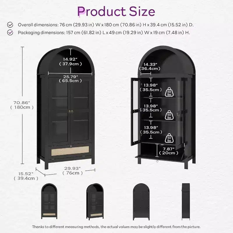 TYBOATLE 71 Armoire de Rangement Haute avec Porte Vitrée, Tiroir et Kit Anti-Basculement - Meuble Polyvalent pour Cuisine ou Salle à Manger