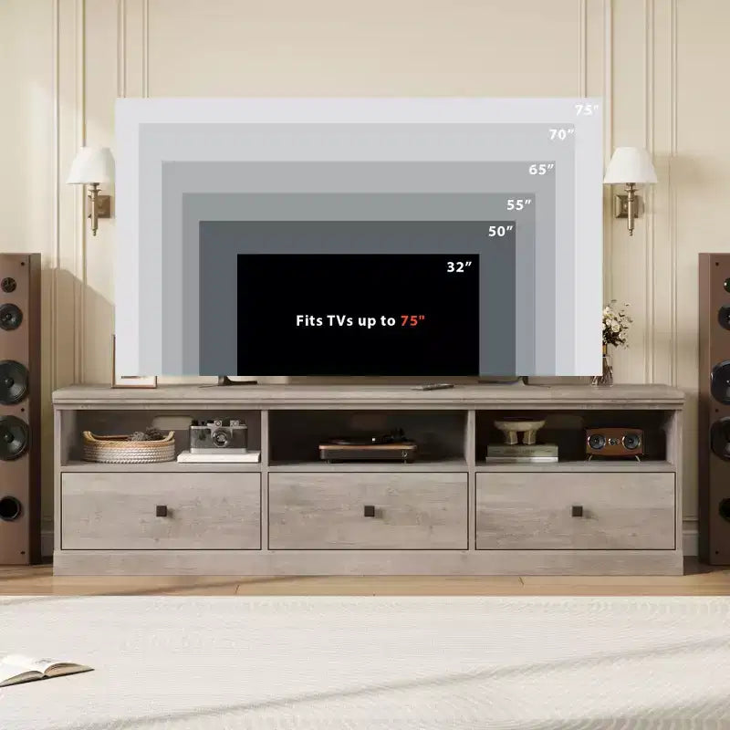 Meuble TV de style rustique GustoWave de 70 pouces, centre de divertissement avec tiroir de rangement et étagères ouvertes pour téléviseurs jusqu'à 75 pouces