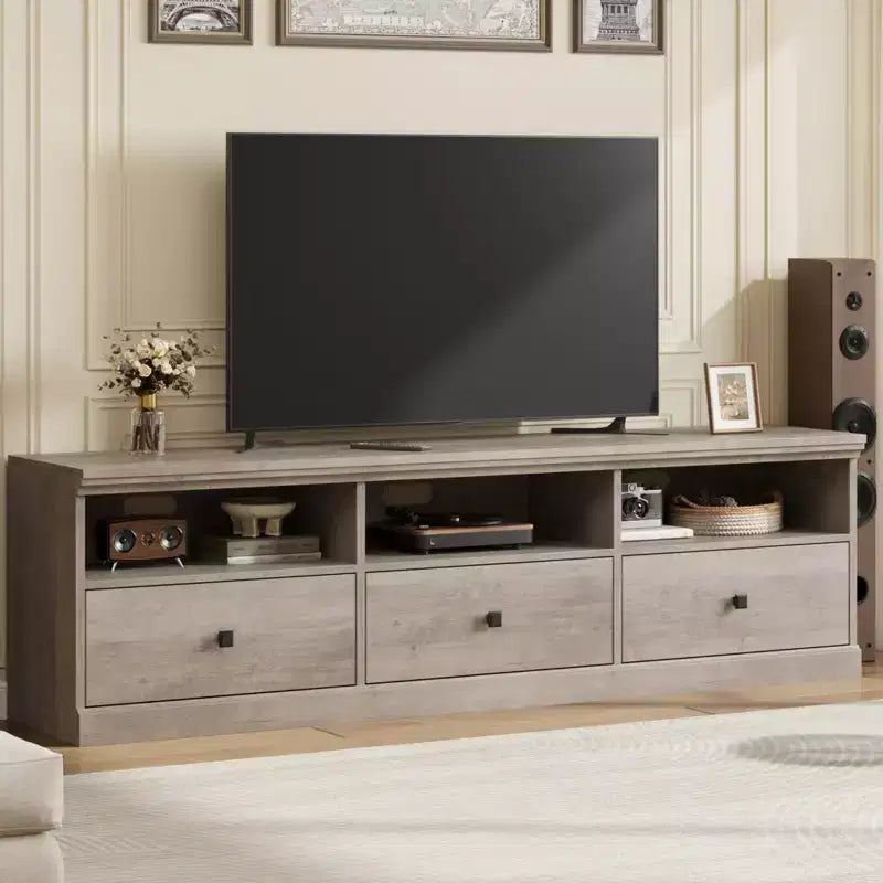 Meuble TV de style rustique GustoWave de 70 pouces, centre de divertissement avec tiroir de rangement et étagères ouvertes pour téléviseurs jusqu'à 75 pouces