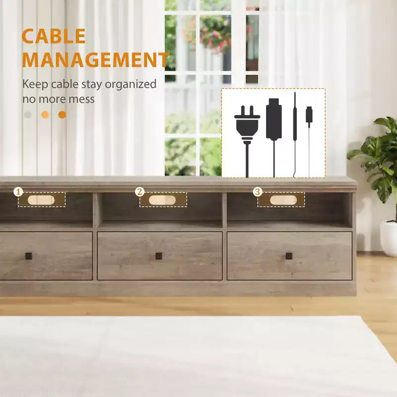 Meuble TV de style rustique GustoWave de 70 pouces, centre de divertissement avec tiroir de rangement et étagères ouvertes pour téléviseurs jusqu'à 75 pouces